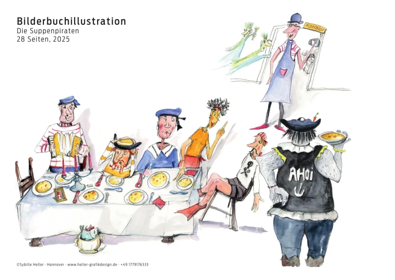 Illustrierte Figuren an einem Tisch als Beispiel für erzählerisches Lernmaterial