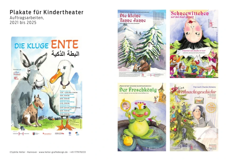 Fünf farbig illustrierte Veranstaltungsplakate für Kindertheater in Hannover