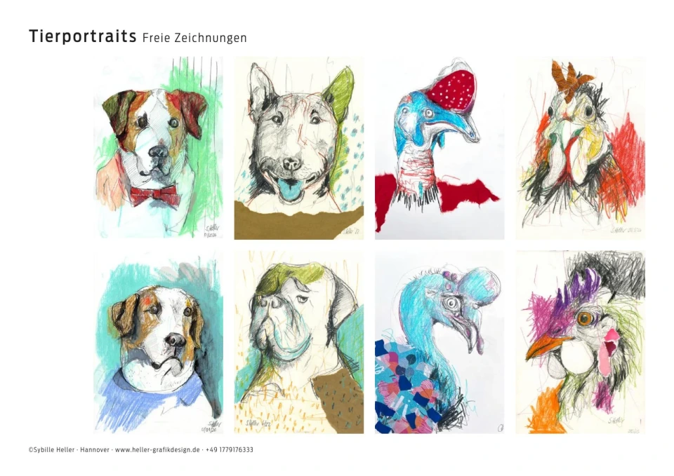 Acht farbige, frei gezeichnete Tierportraits von Hunden, Hühnern und einem Flamingo