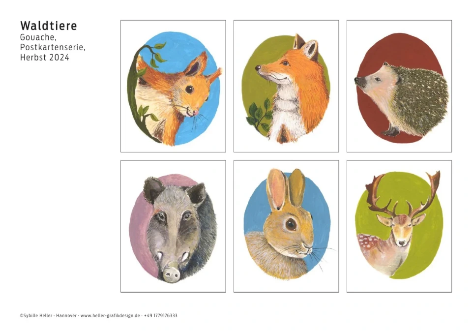 Sechs Gouache-Illustrationen von Eichhörnchen, Fuchs, Igel, Wildschwein, Hase und Hirsch